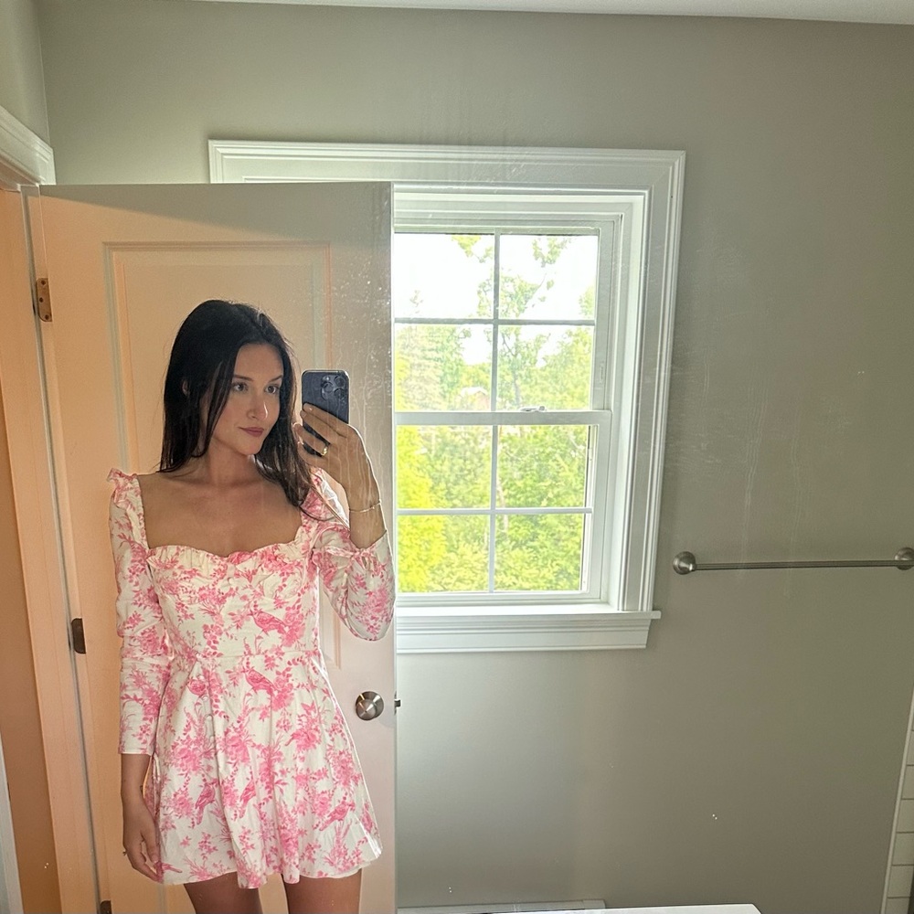 MAJORELLE Pink and White Puff Sleeve Mini Dress